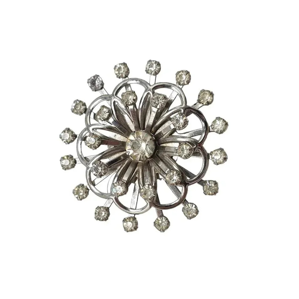 White Clear Rhinestone Starburst Flower Brooch Pin Silver Tone Vintage (G)